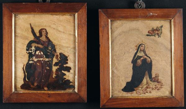 Coppia di dipinti su marmo raffiguranti Sante, XVII secolo