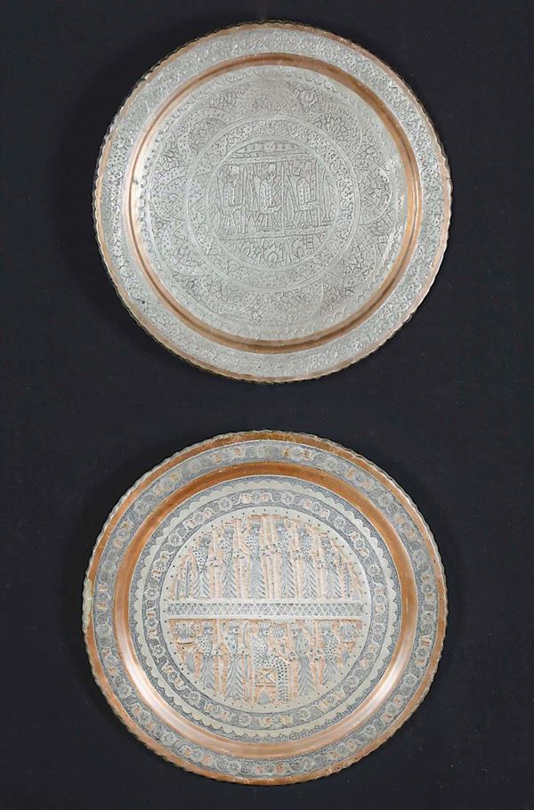 Due piatti in metallo sbalzato, Persia, XIX secolo