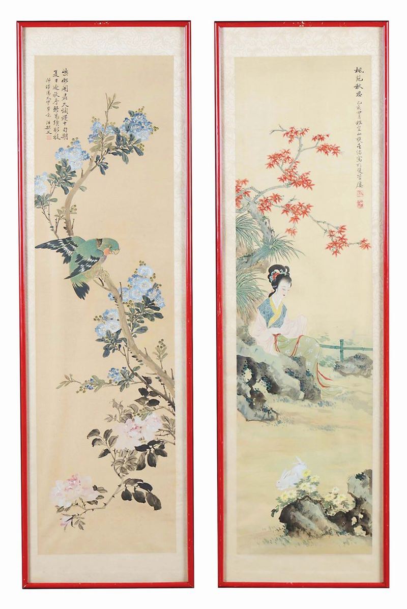 Due dipinti su carta incorniciati raffiguranti Guanyin e uccellini tra rami fioriti con iscrizioni, Cina, XX secolo  - Asta Chinese Works of Art - Cambi Casa d'Aste