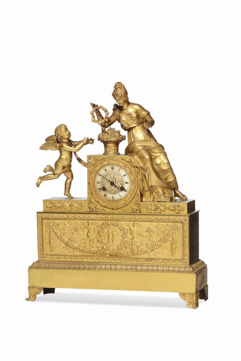 Pendola da tavolo in bronzo dorato, Francia XIX secolo  - Auction Furnishings from the mansions of the Ercole Marelli heirs and other property - Cambi Casa d'Aste