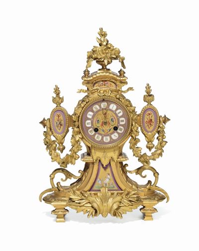 Pendola da Tavolo Napoleone III in Bronzo Dorato e Porcellana Dipinta, XIX Secolo