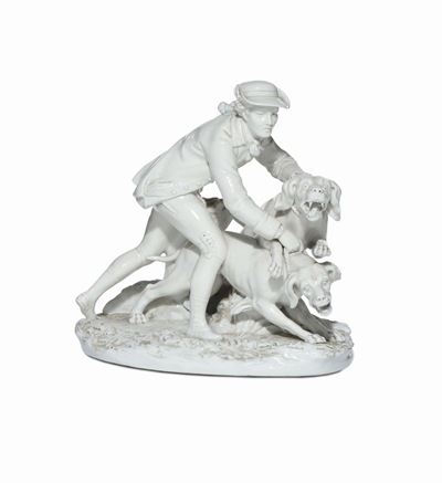Gruppo in Bisquit Raffigurante Cacciatore con Cani, Capodimonte
