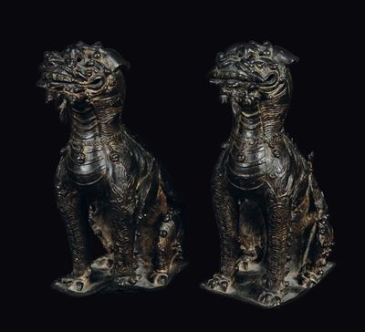 Coppia di Cani di Pho in Bronzo, Cina, Dinastia Ming, XVII Secolo