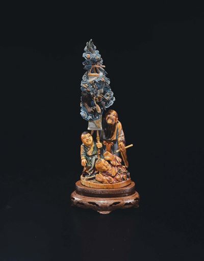 Avorio Dipinto Raffigurante Saggio con Fanciulli, Cina, Inizo XX Secolo