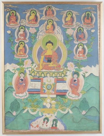Tanka Incorniciato Dipinto su Seta con Immagini di Buddha, Tibet, XX Secolo