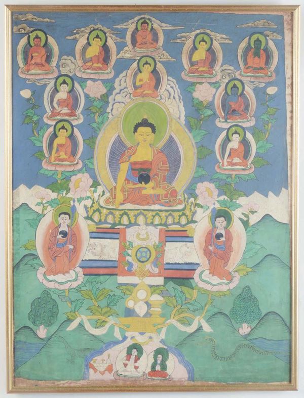 Tanka incorniciato dipinto su seta con immagini di Buddha, Tibet, XX secolo