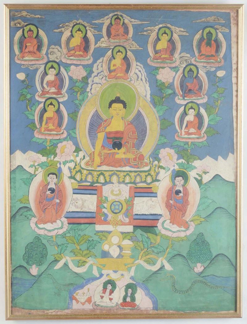 Tanka incorniciato dipinto su seta con immagini di Buddha, Tibet, XX secolo  - Asta Chinese Works of Art - Cambi Casa d'Aste