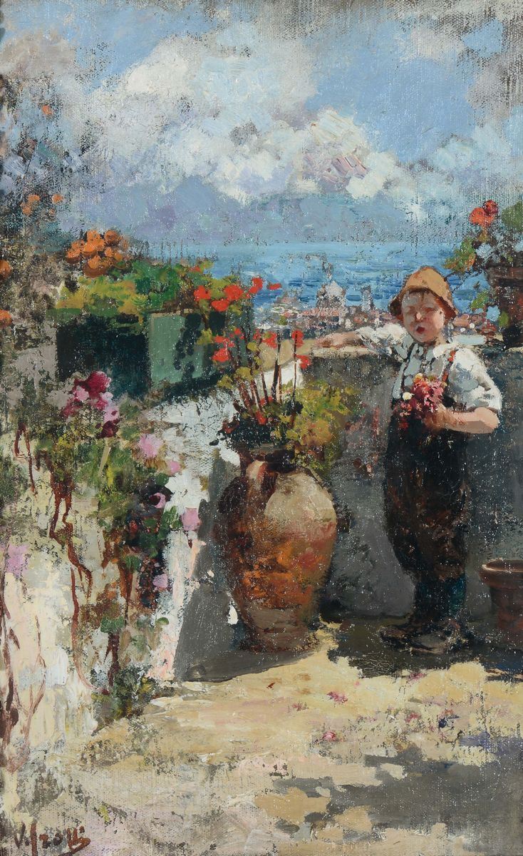 Vincenzo Irolli (1869-1942/49) Bambino sul terrazzo  - Auction Furnishings from the mansions of the Ercole Marelli heirs and other property - Cambi Casa d'Aste