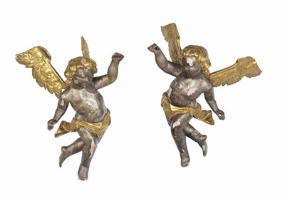 Coppia di Puttini in Legno Laccato e Dorato, XIX-XX Secolo
