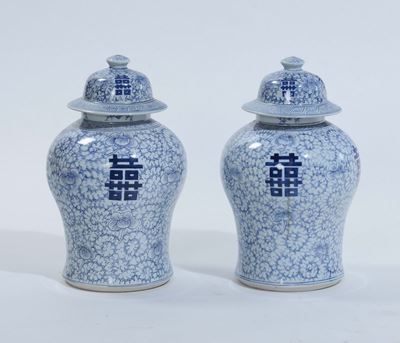 Coppia di Vasi con Coperchio in Porcellana Bianca e Blu, Cina XX Secolo