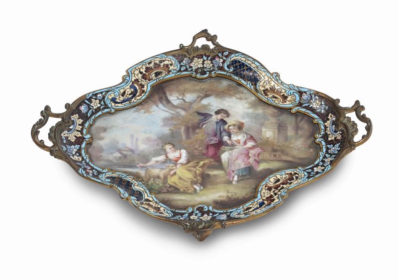 Vassoietto in porcellana e bronzo smaltato, XIX secolo  - Auction Furnishings from the mansions of the Ercole Marelli heirs and other property - Cambi Casa d'Aste