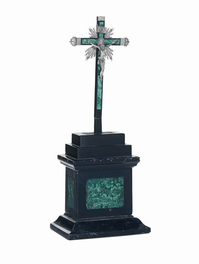 Crocifisso in Argento con Croce in Ebano e Base in Marmo Nero e Malachite, XIX Secolo