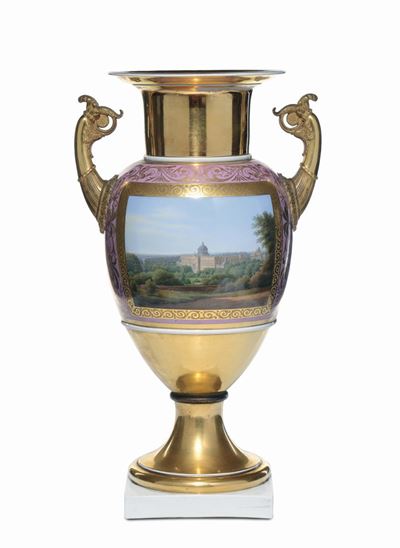 Vaso in Porcellana Policroma a Due Anse, Regia Manifattura di Berlino, Kpm, Inizio XIX Secolo