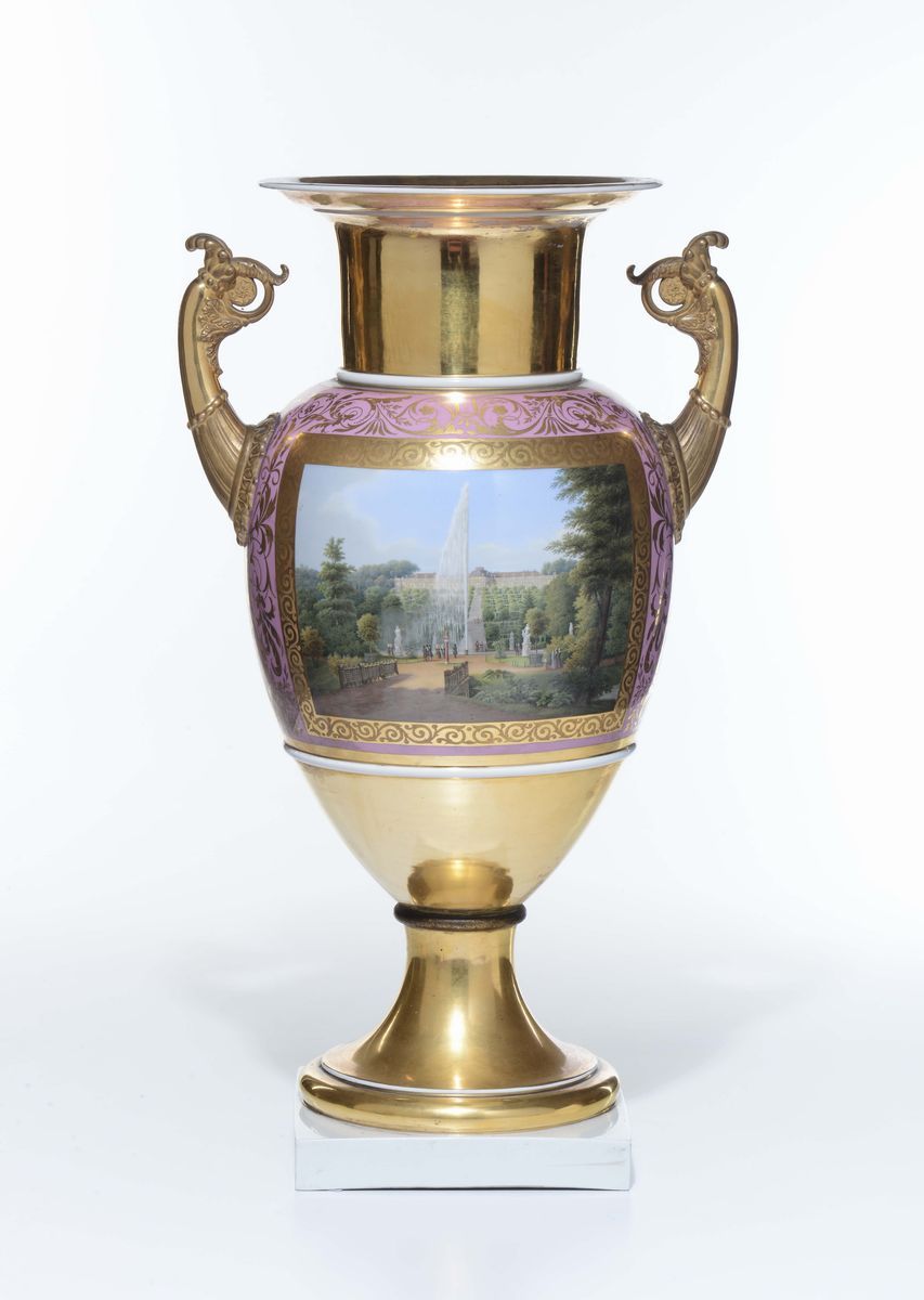 Vaso in Porcellana Policroma a Due Anse, Regia Manifattura di Berlino, Kpm, Inizio XIX Secolo