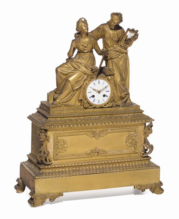Pendola da tavolo in bronzo dorato con figure neoclassiche, Francia XIX secolo