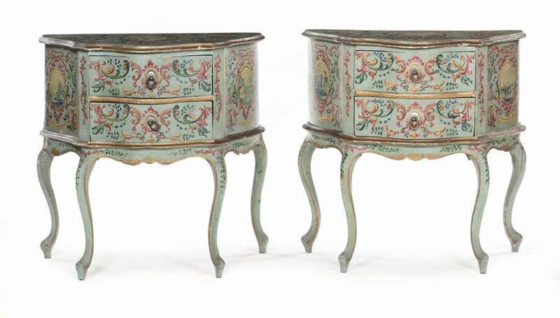 Coppia di comodini laccati a due cassetti, XIX secolo  - Auction Furnishings from the mansions of the Ercole Marelli heirs and other property - Cambi Casa d'Aste