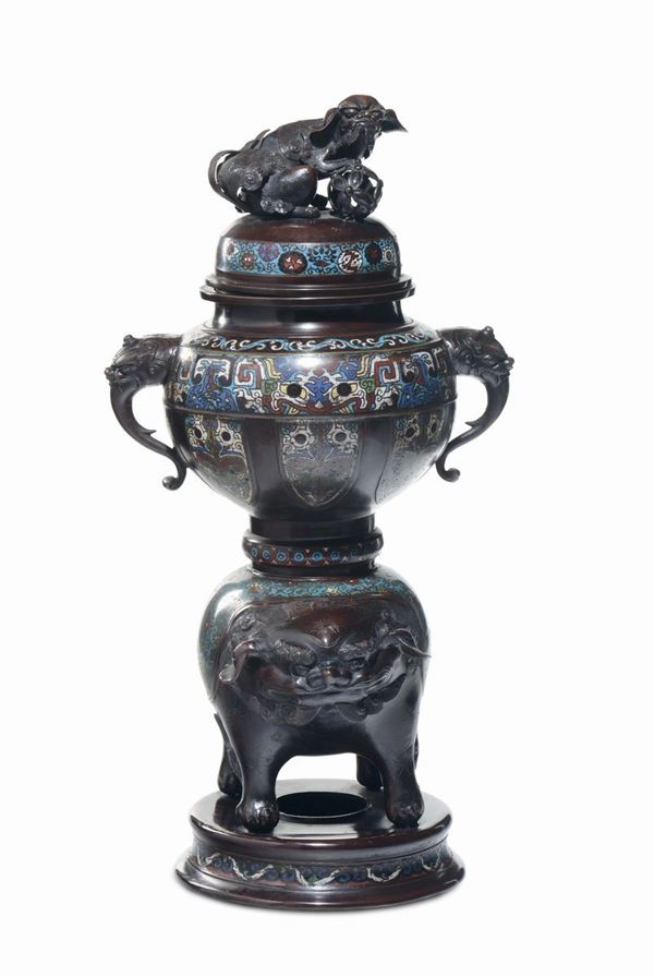 Incensiere orientale in bronzo e smalti cloisonnè, CIna XIX secolo