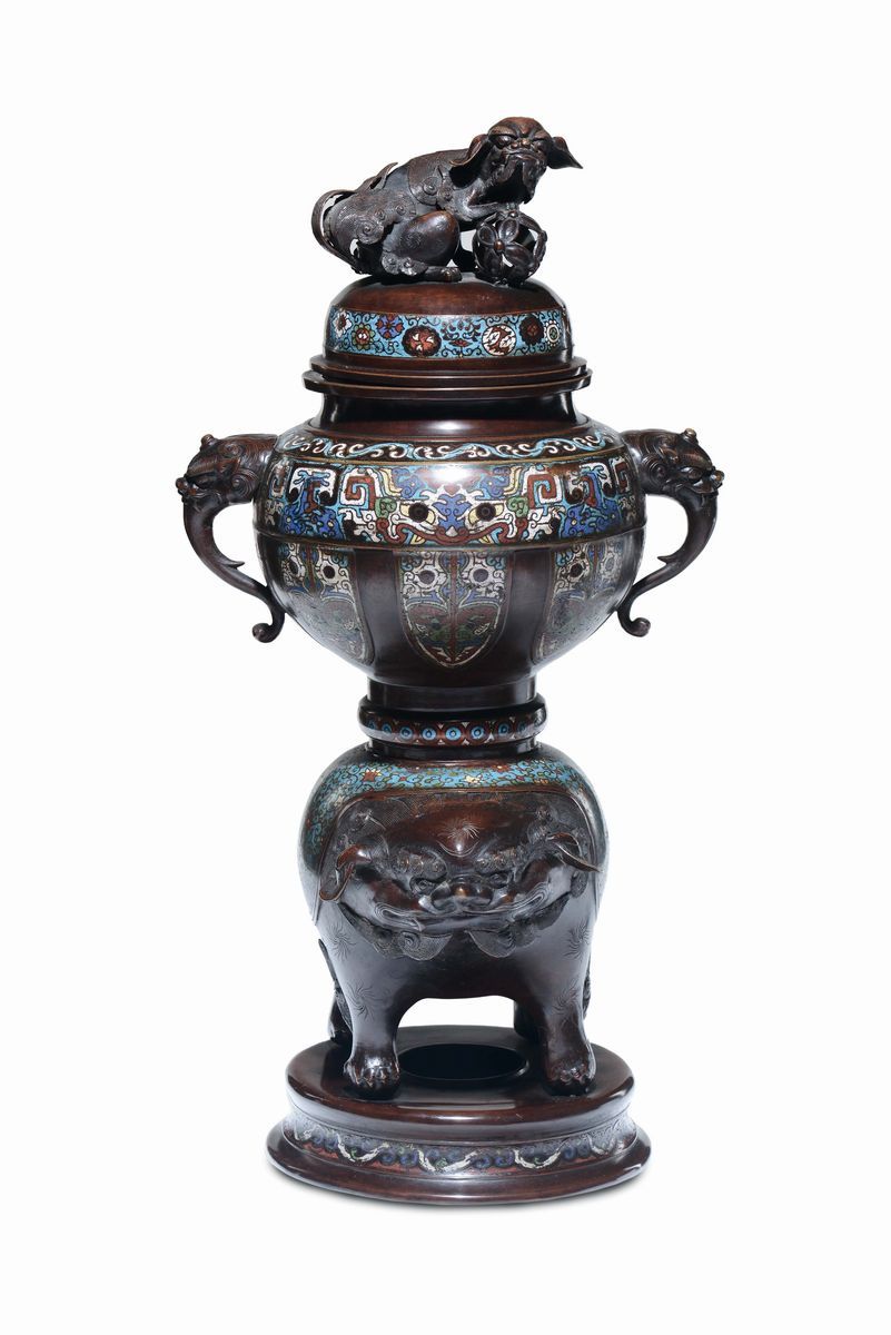 Incensiere Orientale in Bronzo e Smalti Cloisonnè, Cina XIX Secolo