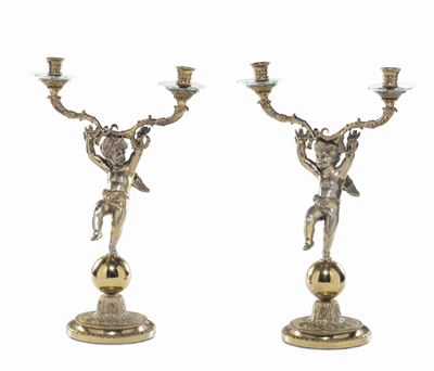 Coppia di Candelabri a Due Luci in Bronzo Dorato, XIX Secolo