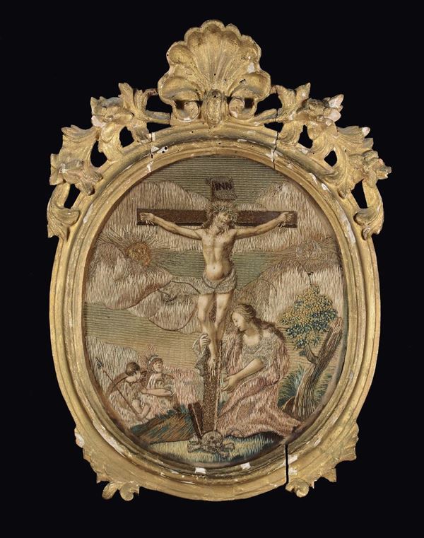 Ricamo raffigurante crocefissione, XVIII secolo
