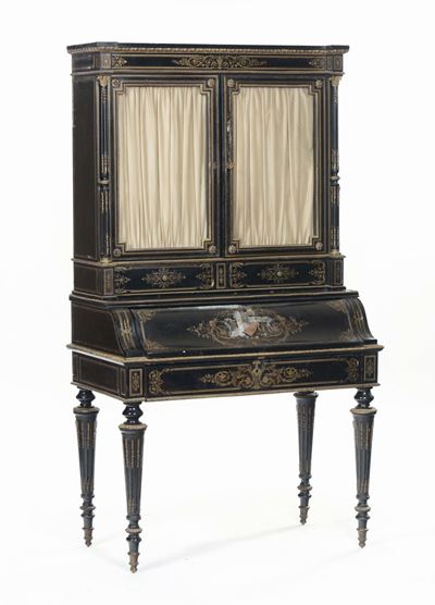 Scrittoio con Alzata Tipo Boulle in Legno Ebanizzato ed Intarsiato con Bronzi Dorati, XIX Secolo
