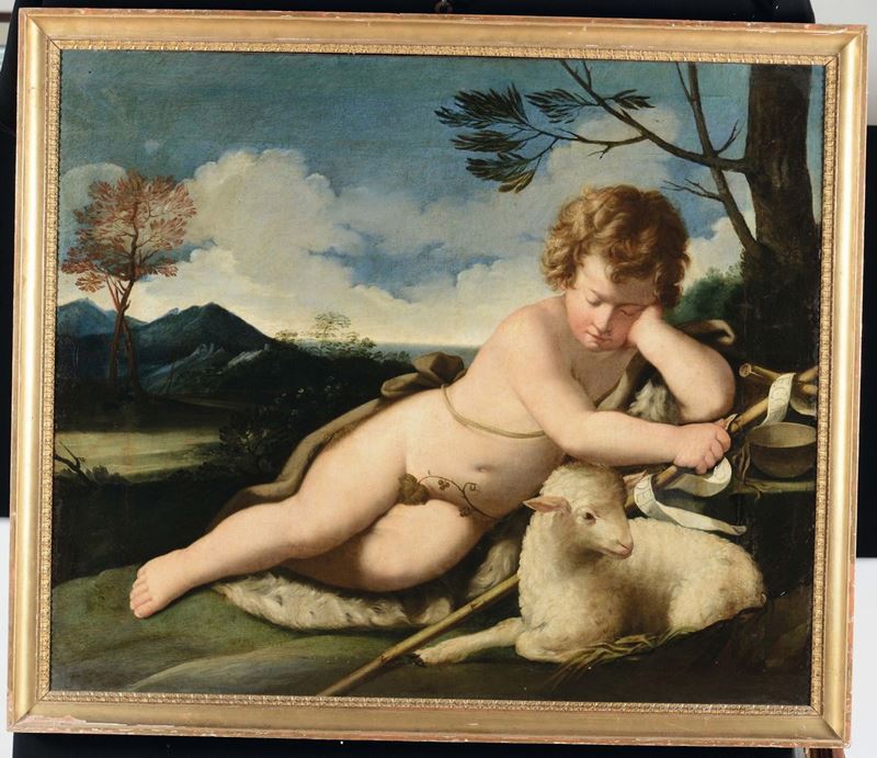 Francesco Gessi (1588 – 1649), attribuito a San Giovannino entro paesaggio  - Asta Arredi dalle dimore degli eredi Ercole Marelli e altre provenienze - Cambi Casa d'Aste