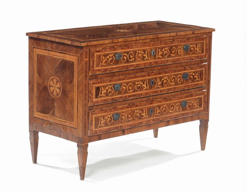 Cassettone Luigi XVI lastronato ed intarsiato, Lombardia XVIII secolo  - Auction Furnishings from the mansions of the Ercole Marelli heirs and other property - Cambi Casa d'Aste
