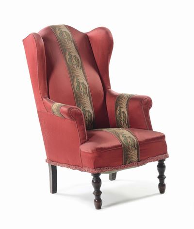 Poltrona Imbottita e Rivestita in Tessuto Rosso, Inizio XX Secolo