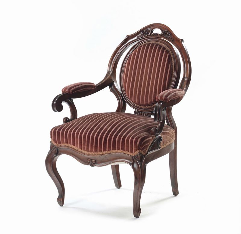 Poltrona in mogano intagliato, XIX secolo  - Auction Furnishings from the mansions of the Ercole Marelli heirs and other property - Cambi Casa d'Aste