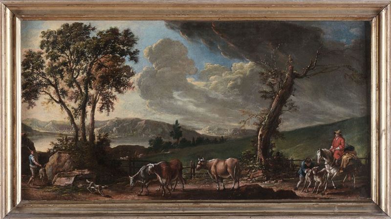 Scuola del XVIII secolo Paesaggio con figure e animali  - Asta Antiquariato - I - Cambi Casa d'Aste