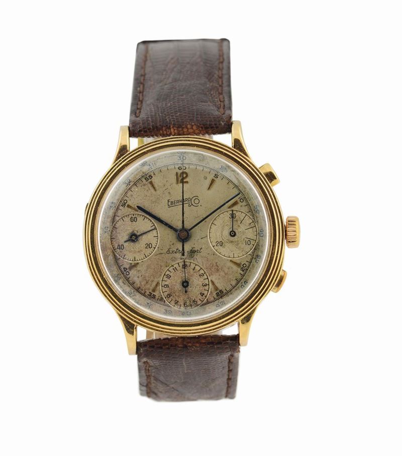 Eberhard, Extra - Fort, 18K yellow gold chronograph wristwatch with a gold plated Eberhard buckle. Made in the 1950's.  - Auction Watches and Pocket Watches - Cambi Casa d'Aste