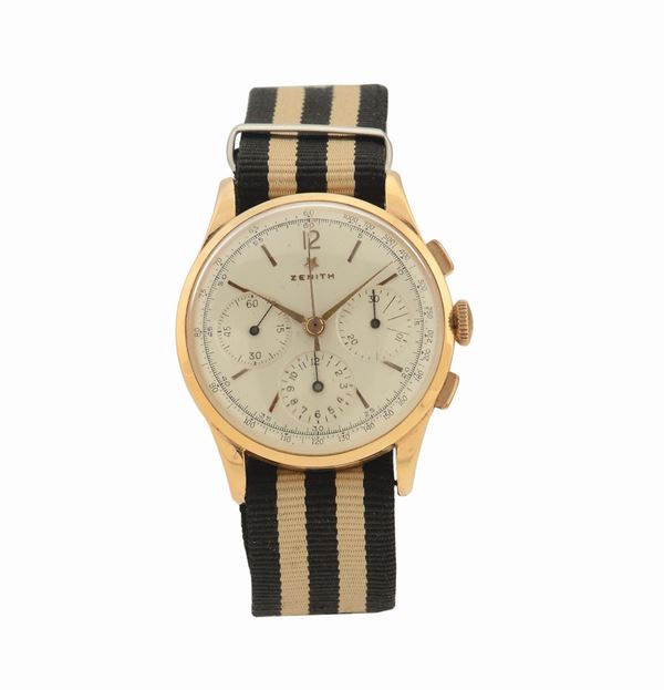 Zenith, case No. 137601, Ref. 19529, 18K yellow gold, chronograph wristwatch with rectangular button chronograph. Made in the 1950's.