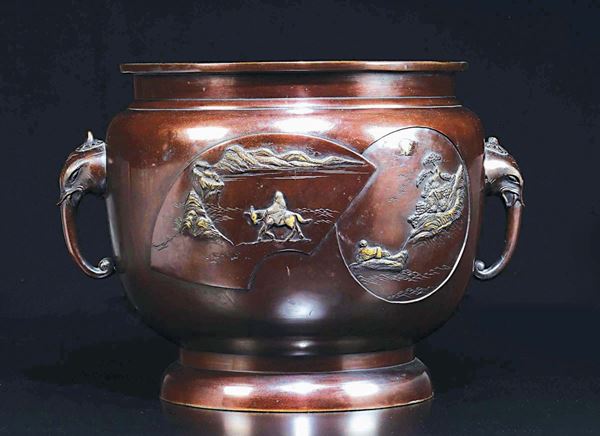 A large bronze cachepot with elephant's head-handles and common life scenes within reserves, Japan, 19th century