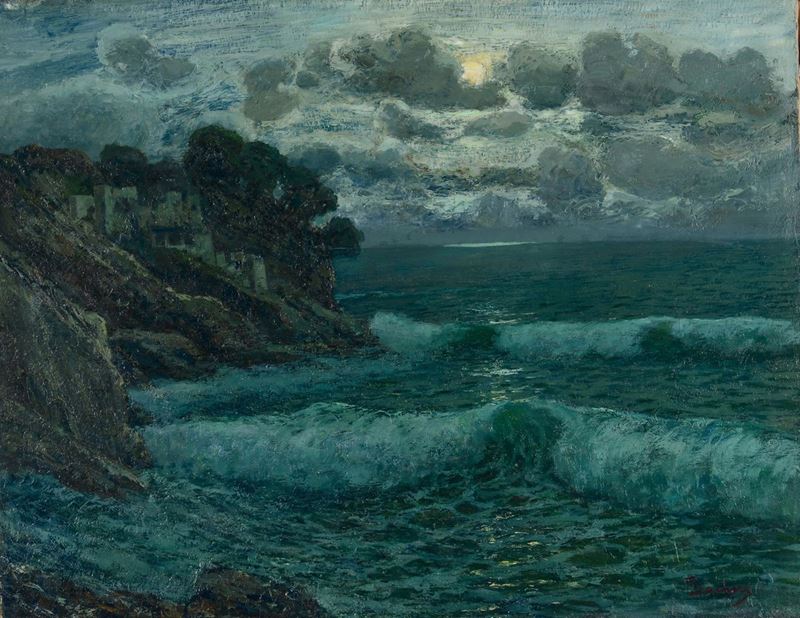 Giuseppe Sacheri (Genova 1863 - Pianfei 1950) Marina notturna  - Asta Dipinti del XIX e XX secolo - Cambi Casa d'Aste