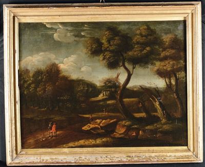 Scuola Romana del XVIII Secolopaesaggio con Figure di Viandanti