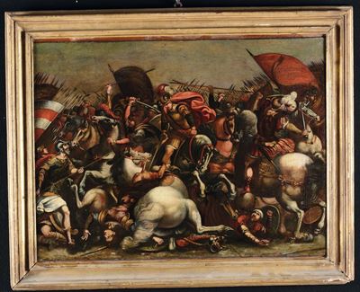 Scuola Romana del XVII Secoloscena di Battaglia con Cavalieri