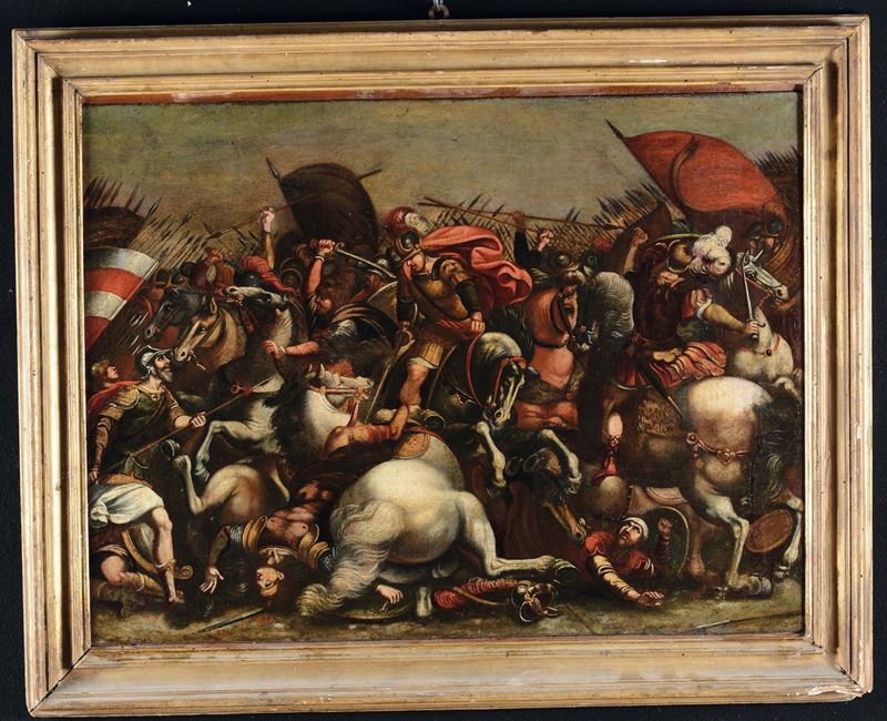 Scuola Romana del XVII secolo Scena di battaglia con cavalieri  - Asta Dipinti Antichi - Cambi Casa d'Aste