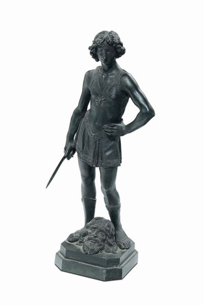 Scultura in Bronzo Patinato Raffigurante “davide con la Testa di Golia”, XIX Secolo