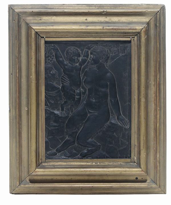 Placca in ardesia a bassorilievo raffigurante soggetto allegorico con Venere, Bacco e Pan, XIX-XX secolo