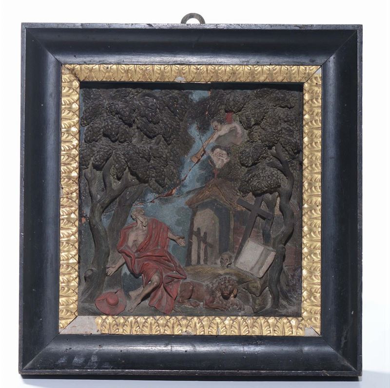Formella in terracotta policroma con raffigurazione di S.Gerolamo penitente, Italia meridionale o Spagna XVII secolo  - Auction Fine Art - I - Cambi Casa d'Aste