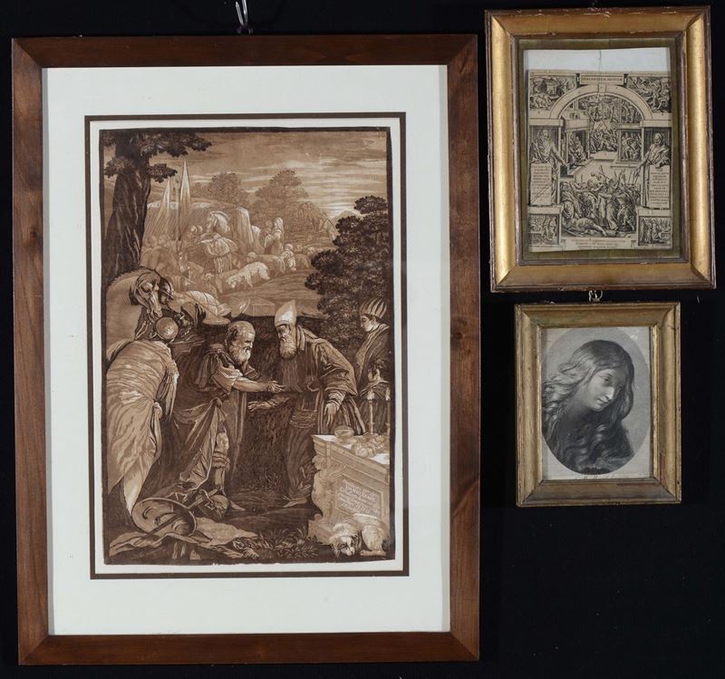Lotto di tre incisioni a soggetti diversi entro cornici, XVIII/XIX secolo  - Auction Furnishings from the mansions of the Ercole Marelli heirs and other property - Cambi Casa d'Aste