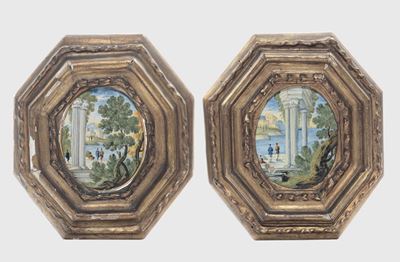 Coppia di Mattonelle Ovali Castelli, Bottega di Nicola Cappelletti (attr.), Circa 1720-1750