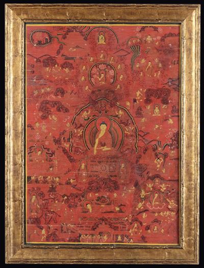 Tanka a Fondo Rosso Raffigurante Immagini di Buddha, Tibet, XIX Secolo