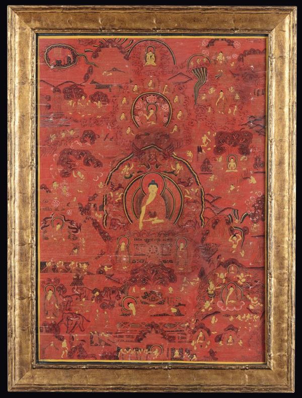 Tanka a fondo rosso raffigurante immagini di Buddha, Tibet, XIX secolo