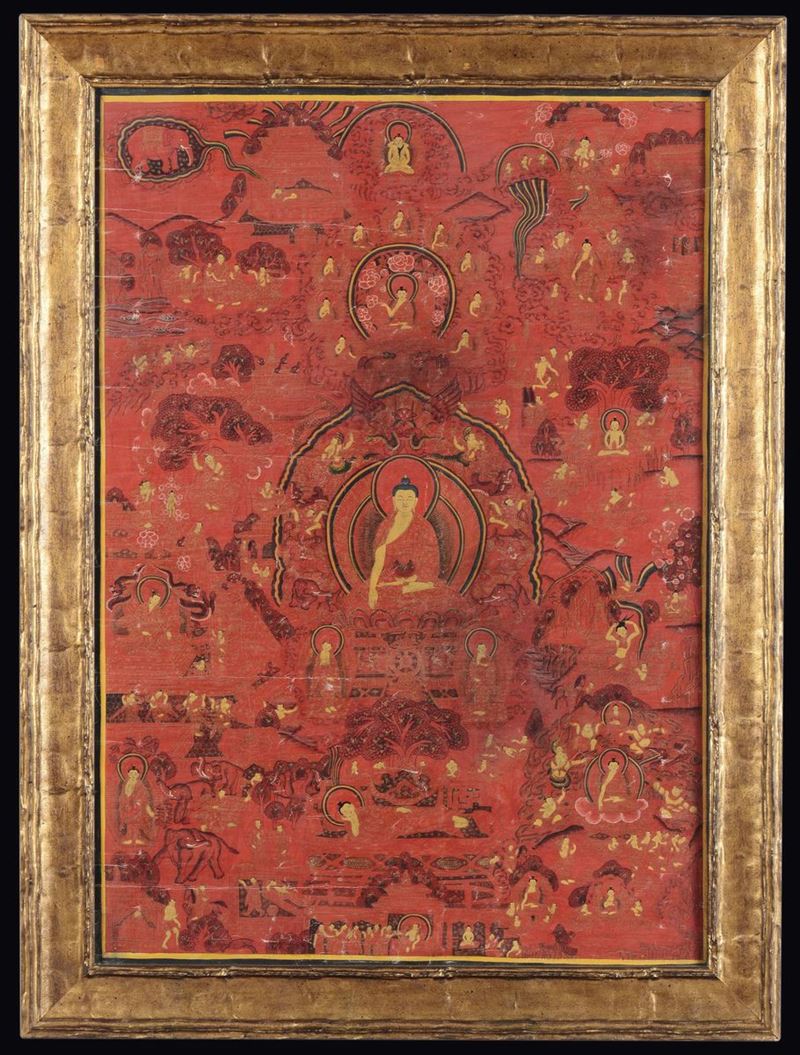 Tanka a fondo rosso raffigurante immagini di Buddha, Tibet, XIX secolo  - Asta Fine Chinese Works of Art - Cambi Casa d'Aste