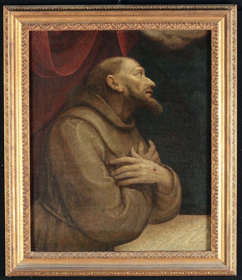 Guglielmo Caccia, il Moncalvo (1568-1625), cerchia di San Francesco in preghiera  - Asta Arredi dalle dimore degli eredi Ercole Marelli e altre provenienze - Cambi Casa d'Aste