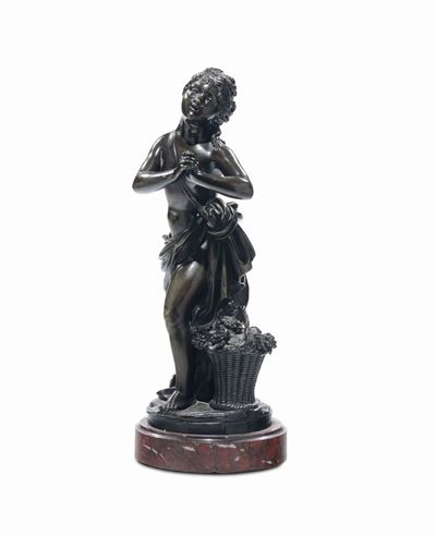 Bronzista del XIX-XX Secolocontadinella con Cesto D'uva