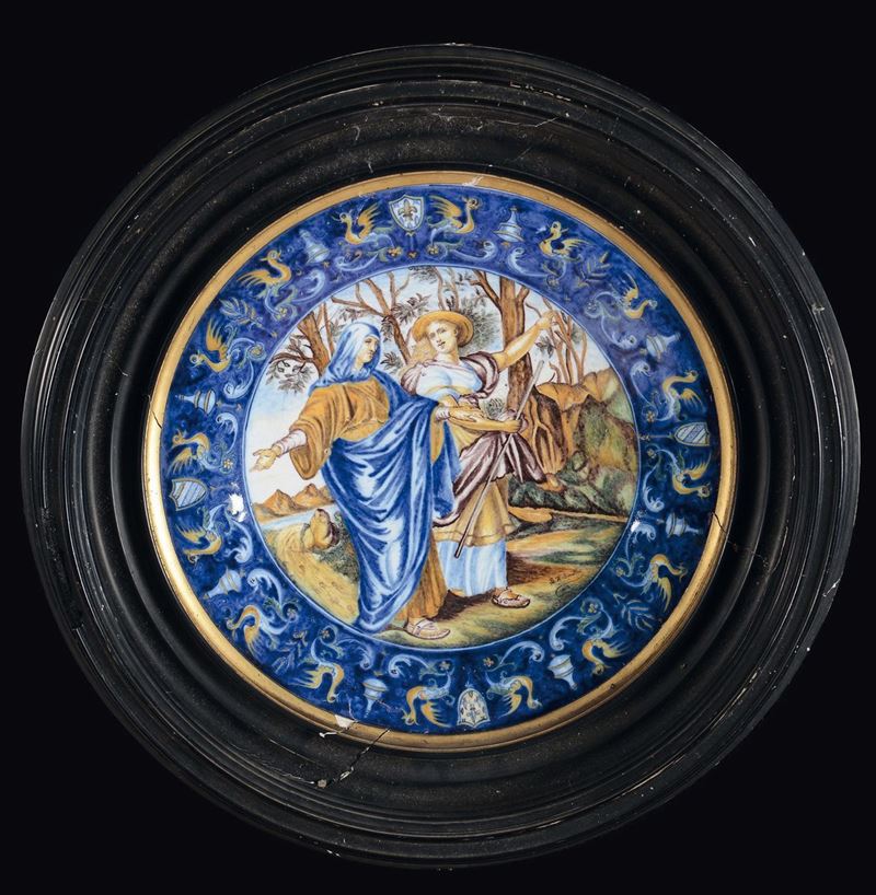 Piatto in maiolica policroma con figure, inizio XX secolo  - Asta Arredi dalle dimore degli eredi Ercole Marelli e altre provenienze - Cambi Casa d'Aste
