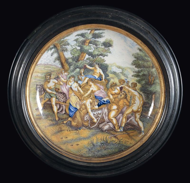 Grande piatto in maiolica policroma raffigurante baccanale, inizio XX secolo  - Auction Furnishings from the mansions of the Ercole Marelli heirs and other property - Cambi Casa d'Aste