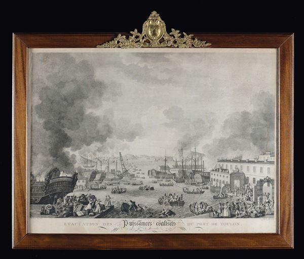 Coppia di stampe raffiguranti il l'entrata degli inglesi nel Porto di Tolone e l'evacuazione del porto di Tolone, Francia XVIII secolo